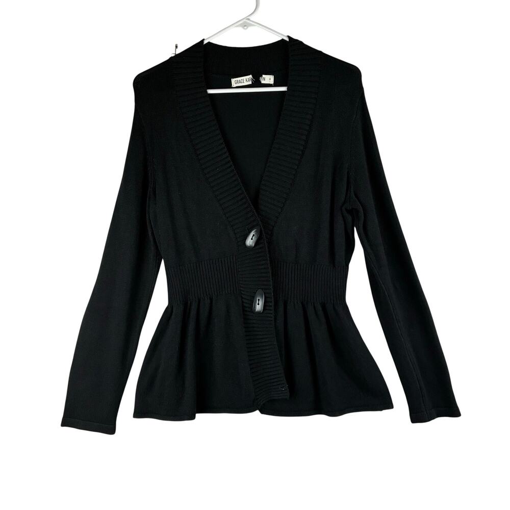 Grace Karin Peplum Cardigan Sweater Women's Medium Black Ribbed Knit Toggle Top